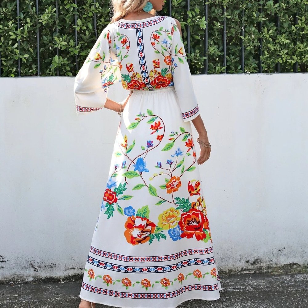 White Floral Print Cold Shoulder Maxi Dress - Picture 2 of 5